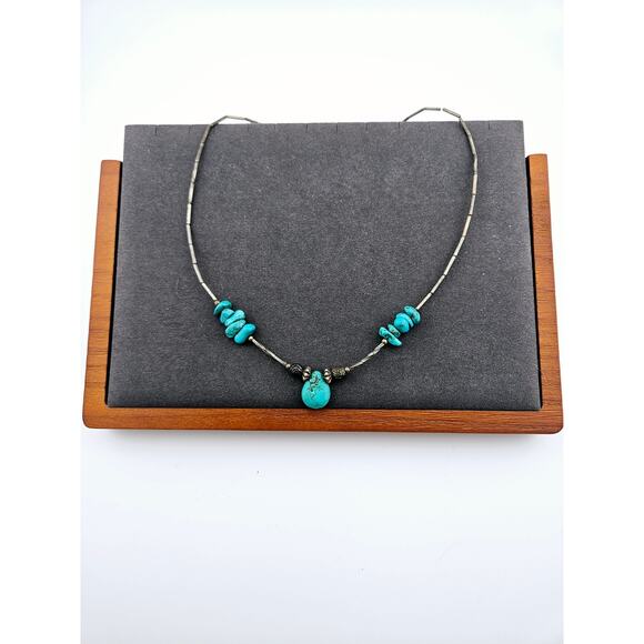 Silver Tone Turquoise Teardrop Beaded Necklace Rosette Accents Southwestern Boho - Picture 1 of 3